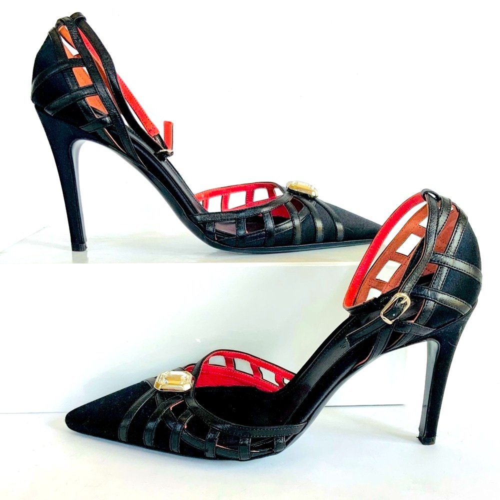 Judith Leiber black satin leather crystal heels 8